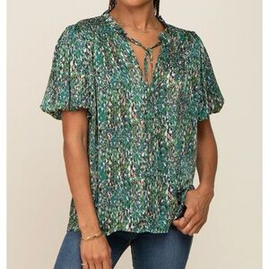 EE:Some Anthro Green Tie Front Puff Sleeve Peasant Blouse Top